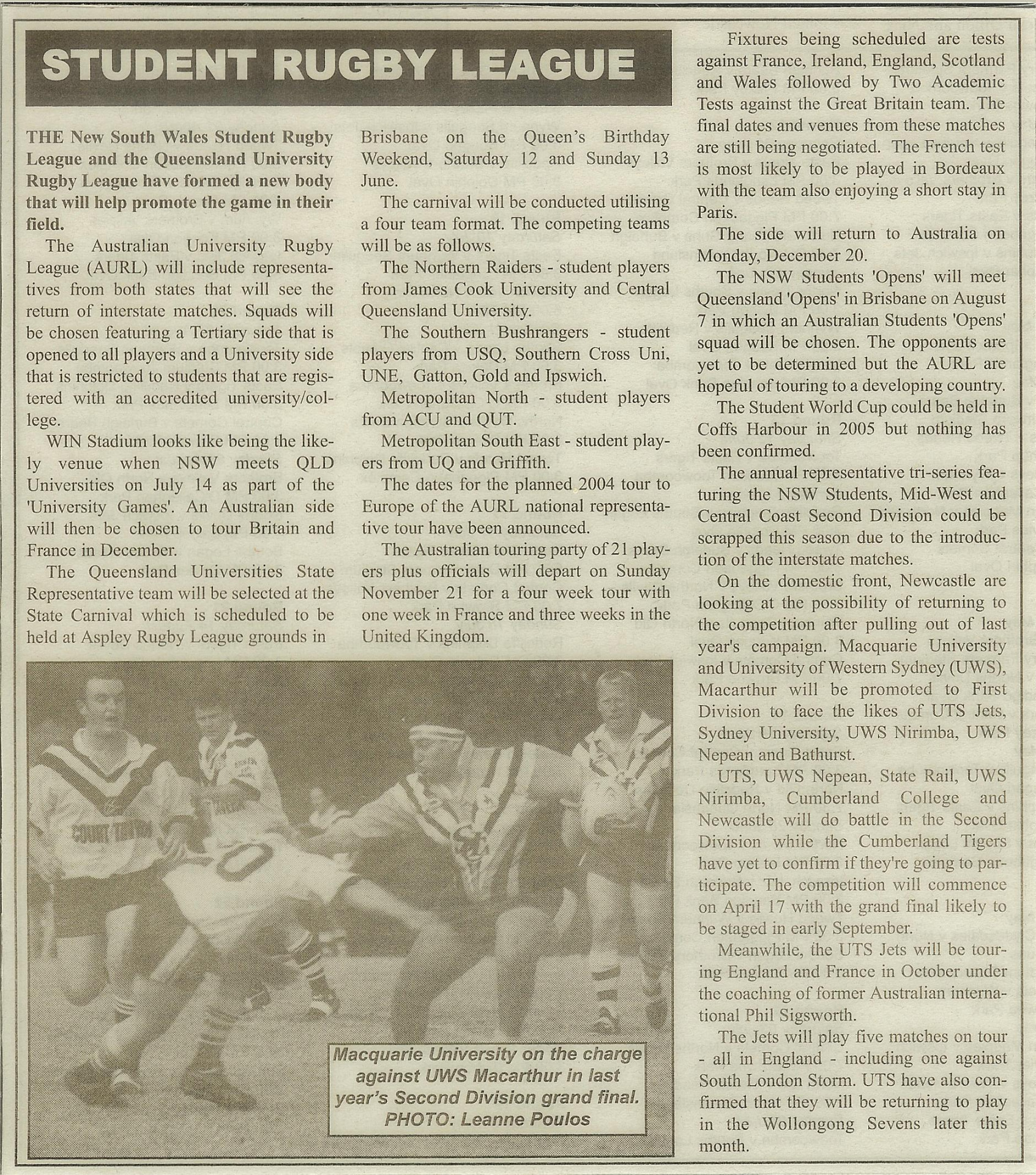 Student Rugby League — the 2004 promotion report