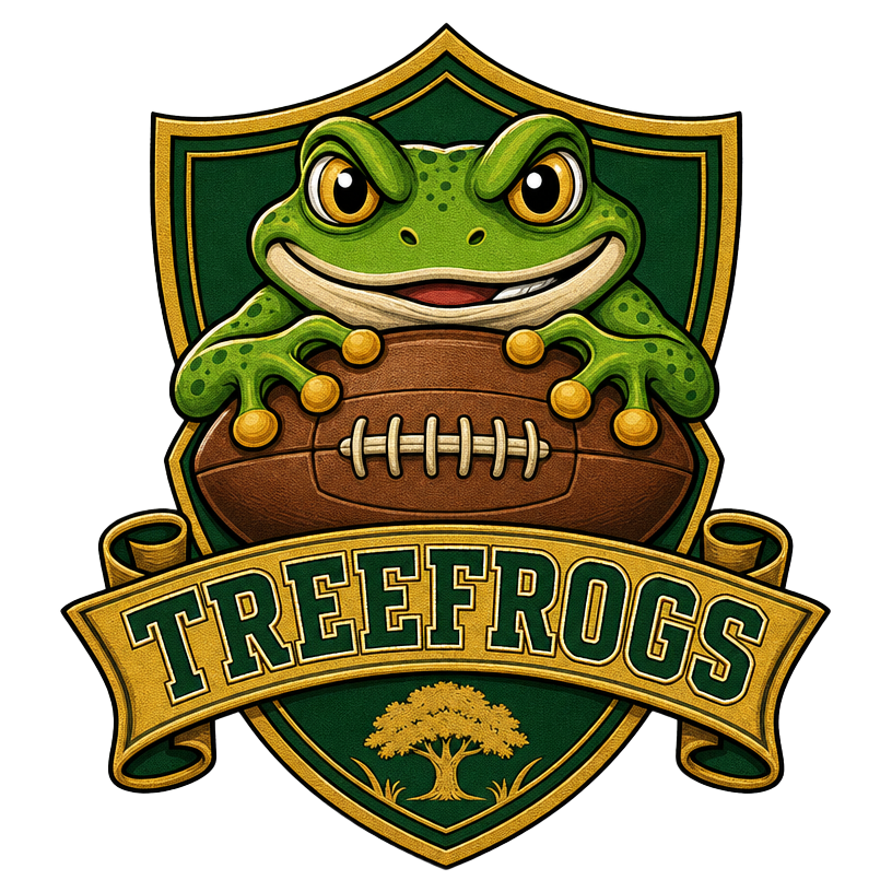 Macquarie University Treefrogs club crest — a grinning green tree frog above a football on a banner reading Treefrogs