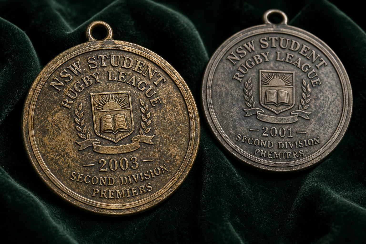 Weathered brass and silver NSW Student Rugby League premiership medals