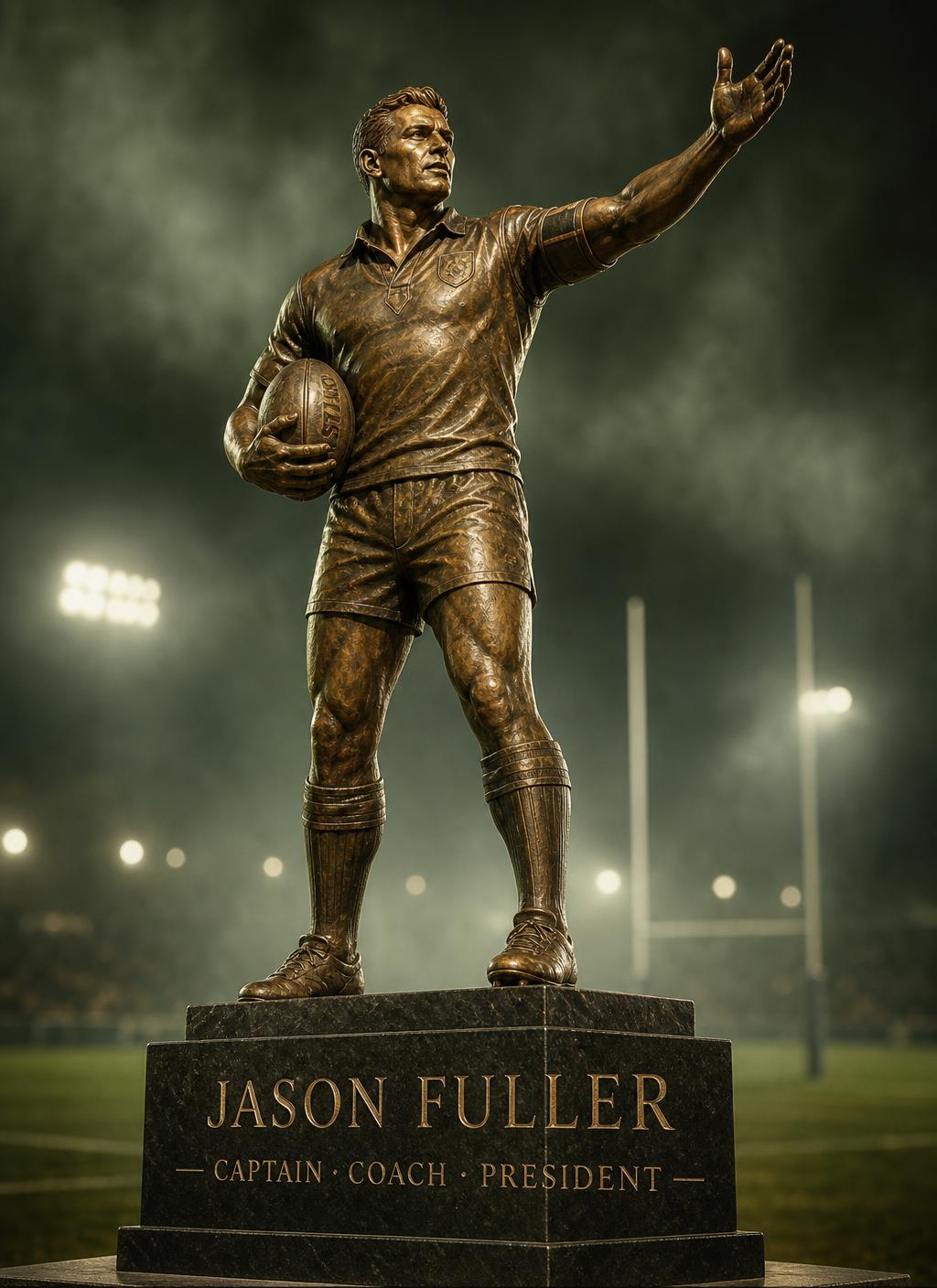 Brass statue of Jason Fuller in playing kit, arm raised, on an engraved stone plinth